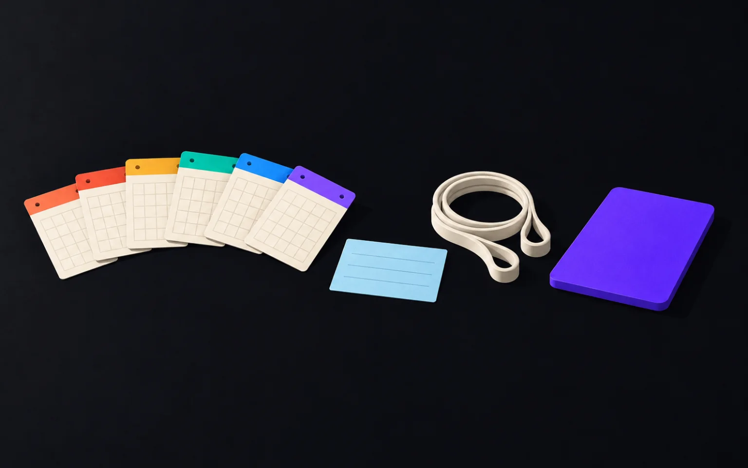 Still life: six small calendar cards fanned out, a pale-blue appointment card, a coiled resistance band and a violet tablet on a dark table