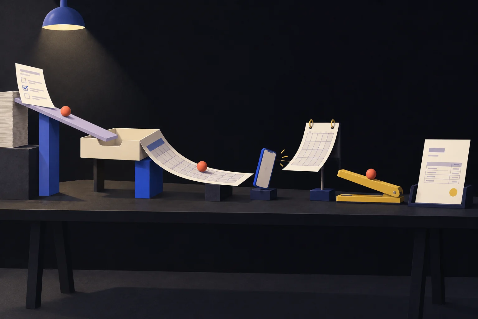 An elaborate contraption made of office objects: a form slides into an inbox tray, tips onto a spreadsheet ramp, past a phone and a calendar, and ends at a single invoice