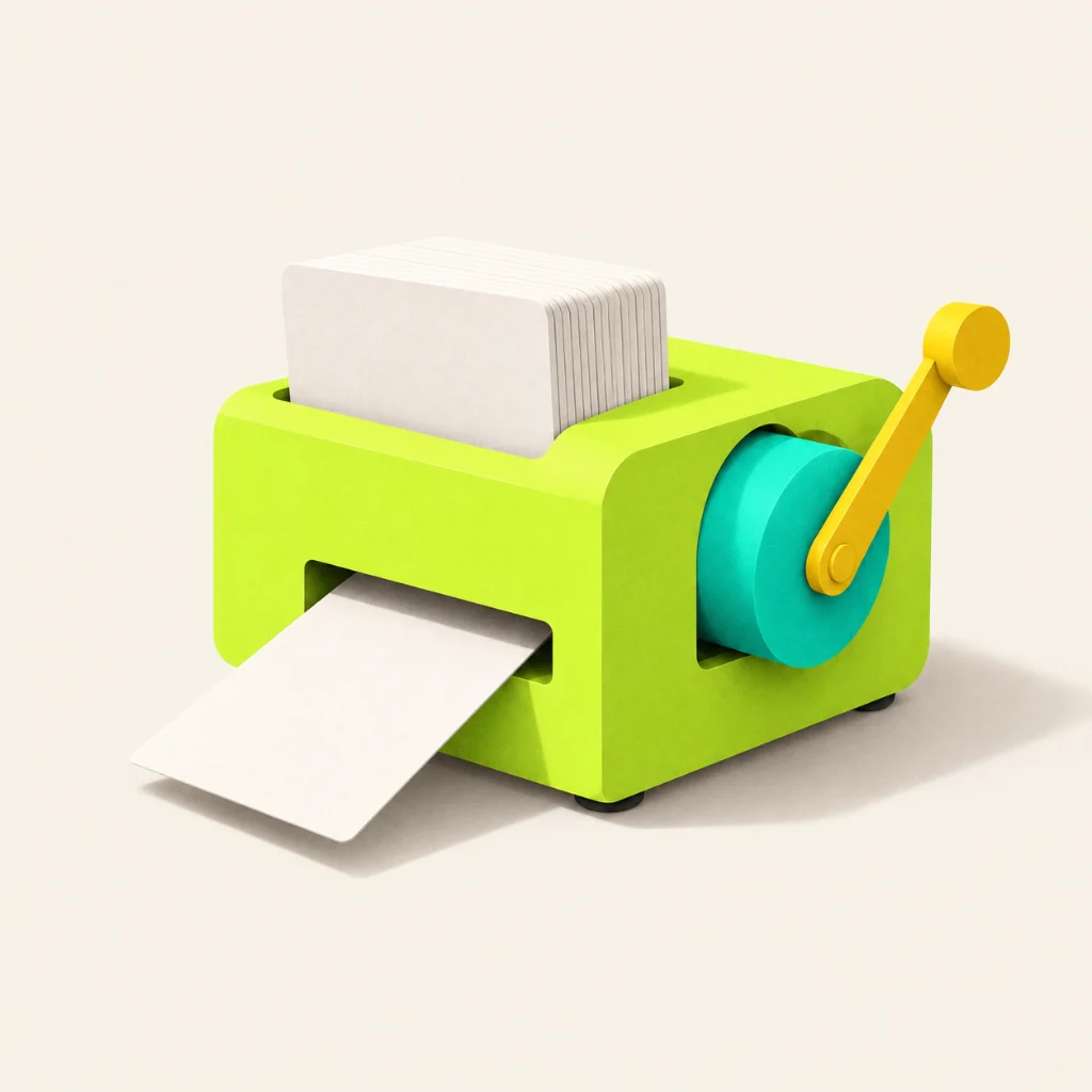 A small lime machine with a turquoise drum, a stack of identical white cards feeding in and a single card coming out