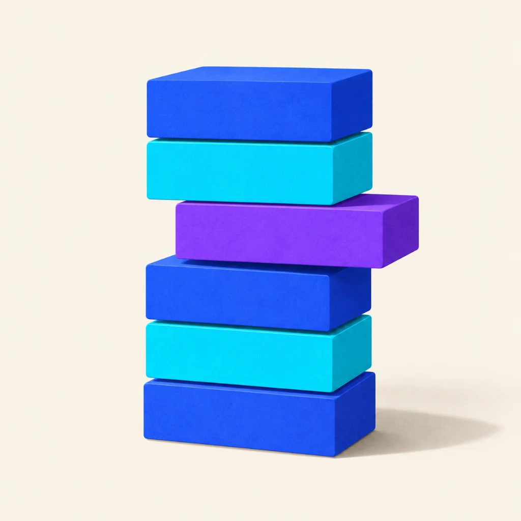 Six matte blocks in blue and cyan snapped together like interface panels, one slightly offset