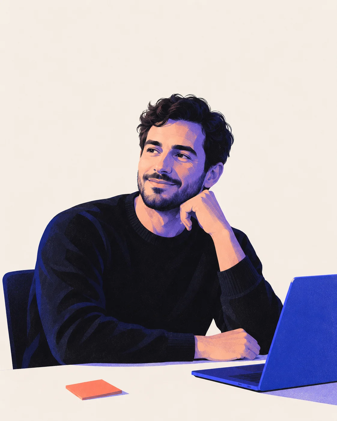 Illustrated portrait of Troy at a desk, chin on hand, slightly amused, with a coral sticky note and a blue laptop