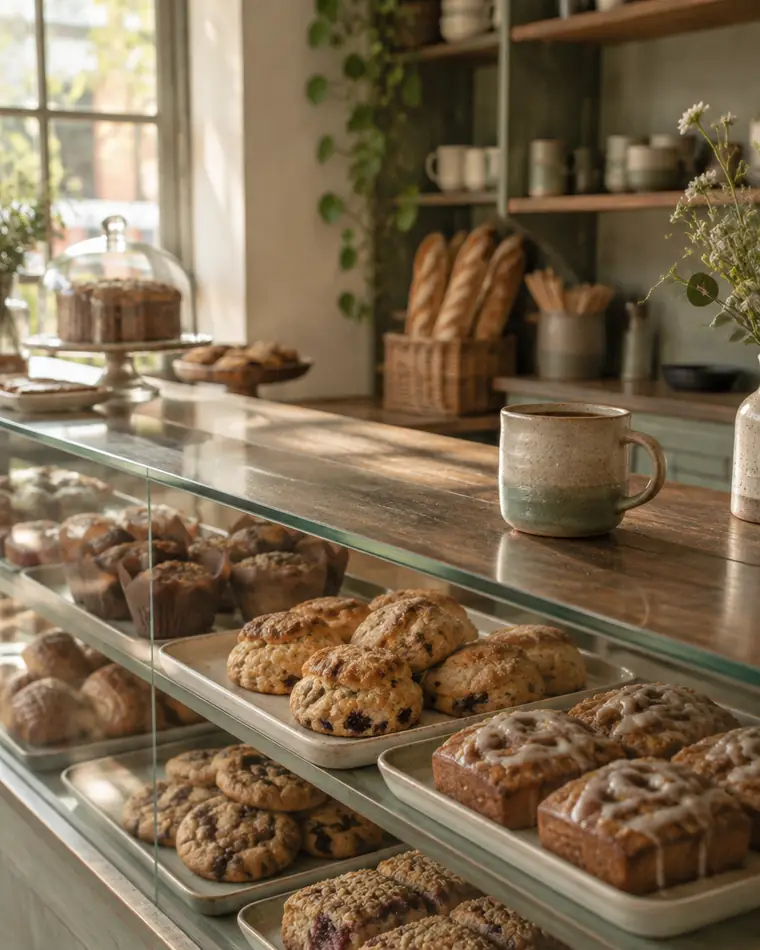 The display case, looking down the counter