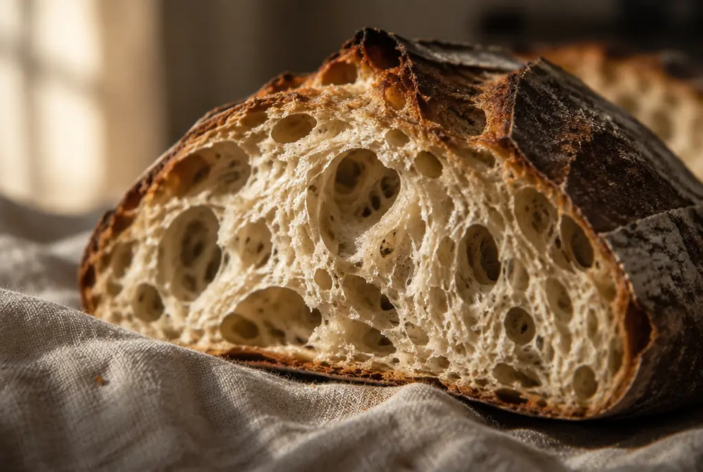 An open sourdough crumb, torn to show the holes and the dark crust