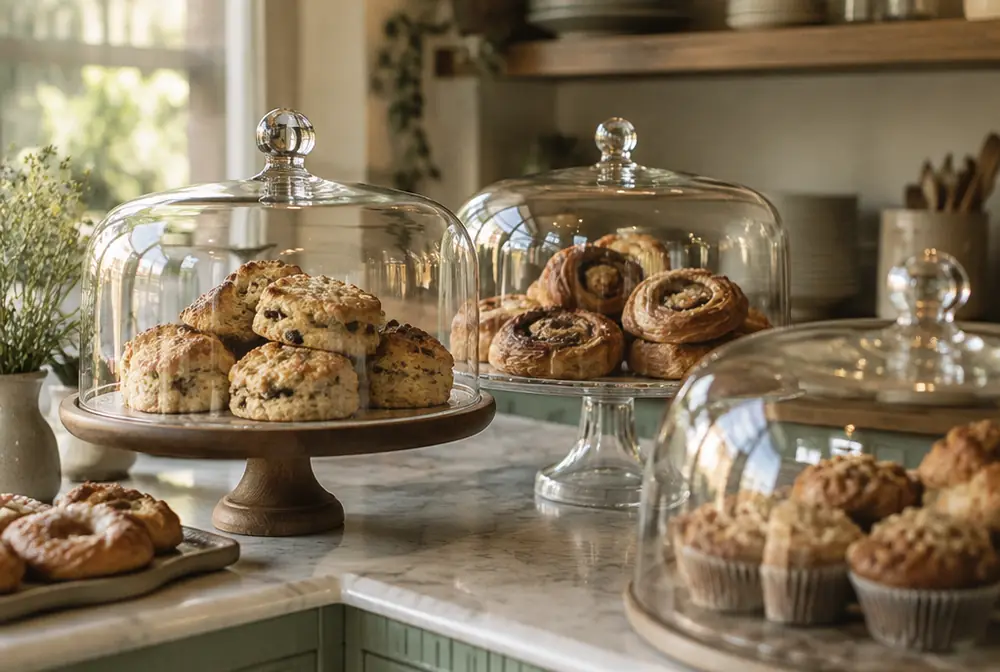 Cake domes over the day's baking