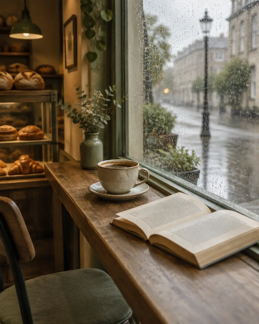 The window seat, with a cup of filter coffee and the street beyond